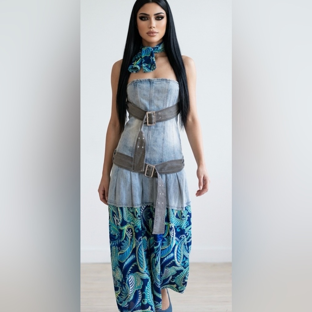 Upcycled Denim Strapless Dress w belts with Bl
And Paisley print size M/L